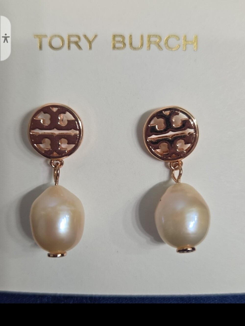 Tory Burch Rose Gold Logo and Cream Pearl Drop Earrings